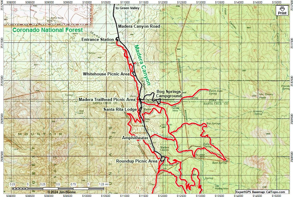 Madera Canyon, Santa Rita Mountains Map