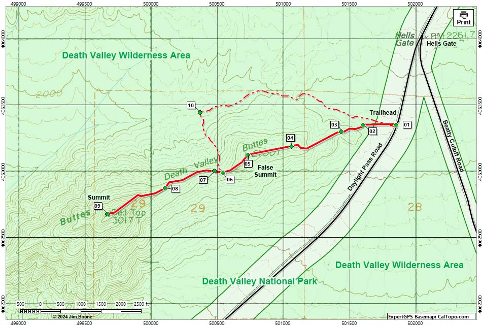 Death Valley Buttes Route Map