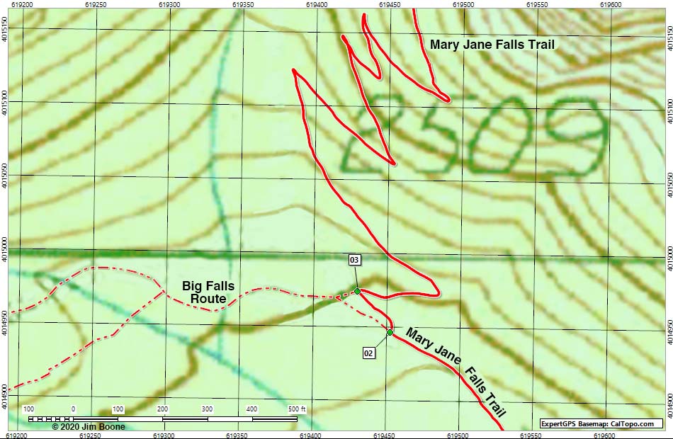 Mary Jane Falls - Big Fall Trail Junction Map